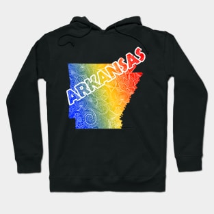 Colorful mandala art map of Arkansas with text in blue, yellow, and red Hoodie